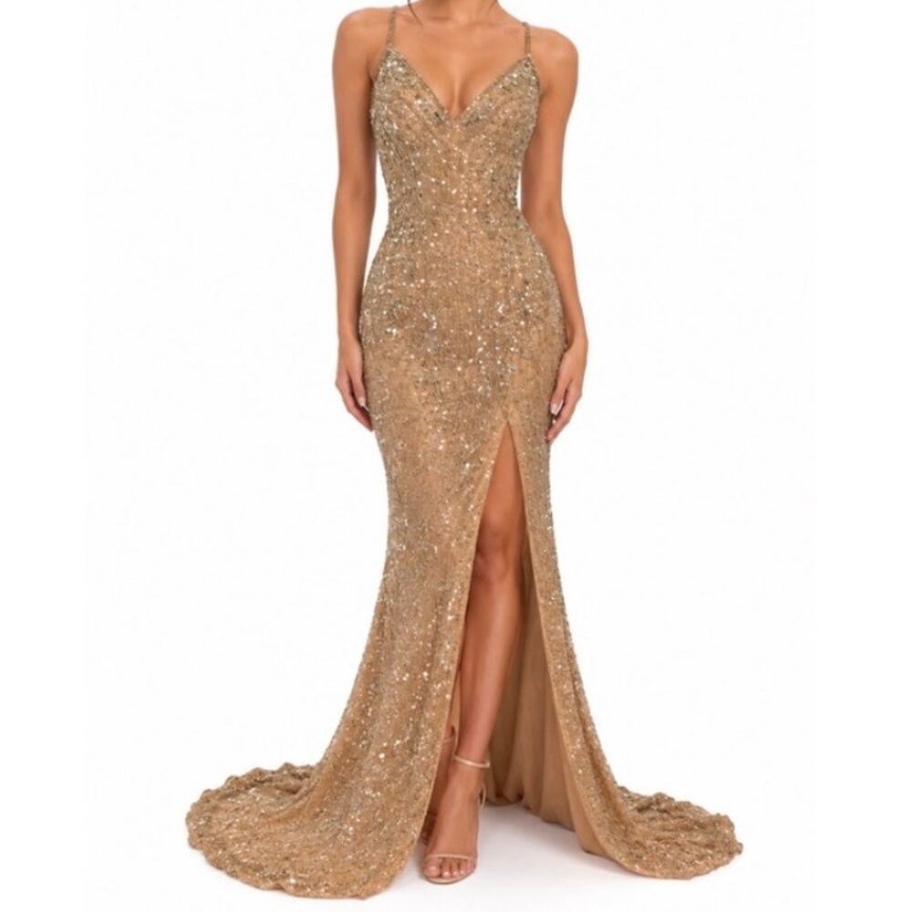 Y2K Gold Beaded Maxi Slip Dress – Size 8 High Slit